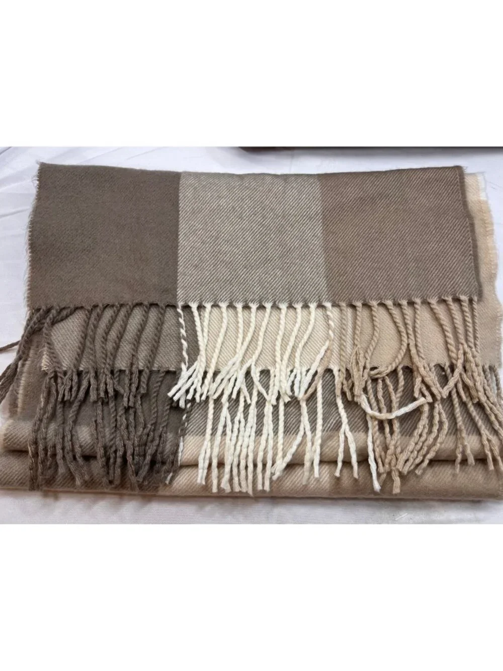 100% Cashmere Plaid Scarf Made in England Brown Beige